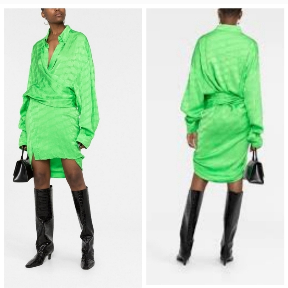 BALENCIAGA Wrap-Front BB MONOGRAM Jacquard Dress Size EUR 42/ L In Apple Green